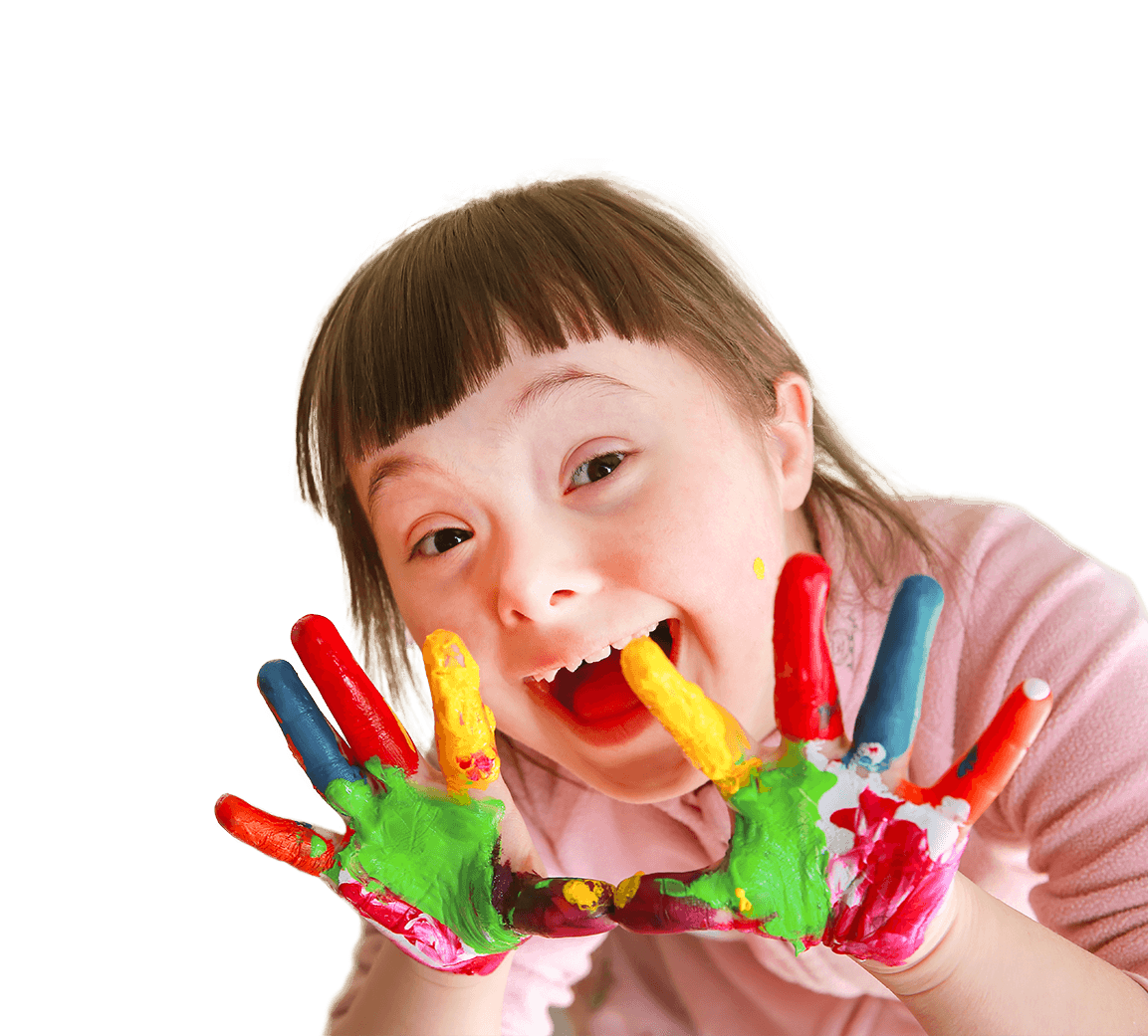 excited girl holding hands in front of face that are covered in colorful finger paint
